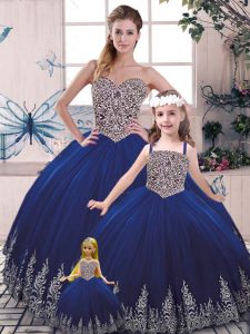 Royal Blue Tulle Lace Up Scoop Sleeveless Floor Length Vestidos de Quinceanera Beading and Appliques