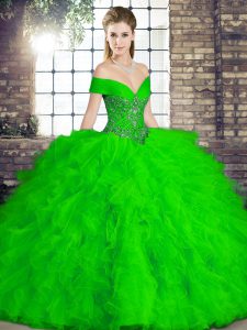 Most Popular Tulle Off The Shoulder Sleeveless Lace Up Beading and Ruffles Ball Gown Prom Dress in Green