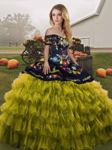 Olive Green Lace Up Quinceanera Gown Embroidery and Ruffled Layers Sleeveless Floor Length