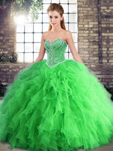 Sleeveless Floor Length Beading and Ruffles Lace Up Quinceanera Gowns with Green