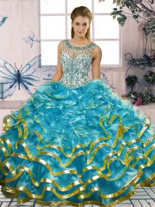 Nice Beading and Ruffles Sweet 16 Quinceanera Dress Blue Lace Up Sleeveless Floor Length