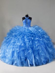Nice Organza Scoop Sleeveless Brush Train Zipper Beading and Ruffles Sweet 16 Dress in Blue