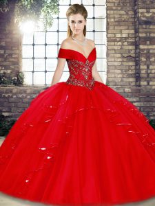 Cheap Ball Gowns Ball Gown Prom Dress Red Off The Shoulder Tulle Sleeveless Floor Length Lace Up