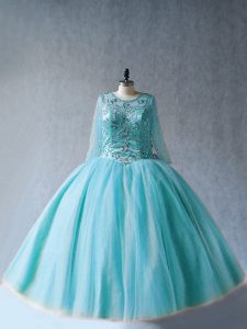 Aqua Blue Ball Gowns Beading Sweet 16 Dress Lace Up Tulle Long Sleeves Floor Length