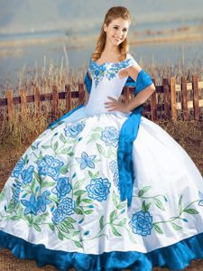 Suitable Blue And White Sweet 16 Dress Sweet 16 and Quinceanera with Embroidery Off The Shoulder Sleeveless Lace Up