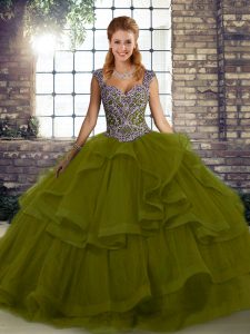 Glamorous Olive Green Ball Gowns Straps Sleeveless Tulle Floor Length Lace Up Beading and Ruffles Sweet 16 Dress