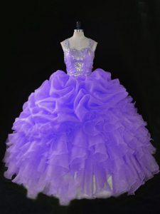 Lavender Organza Zipper Quinceanera Dresses Sleeveless Floor Length Beading and Ruffles and Pick Ups