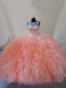 Hot Selling Peach Tulle Lace Up Scoop Sleeveless Quince Ball Gowns Court Train Beading and Ruffles