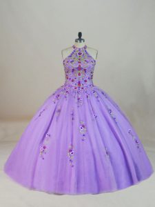 Glittering Sleeveless Tulle Brush Train Lace Up Sweet 16 Quinceanera Dress in Lavender with Beading and Embroidery