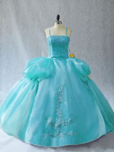 Excellent Floor Length Ball Gowns Sleeveless Aqua Blue Quinceanera Gowns Lace Up