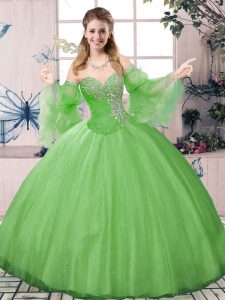 Floor Length Green 15 Quinceanera Dress Tulle Long Sleeves Beading