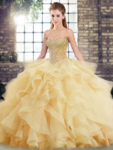 Affordable Gold Ball Gowns Beading and Ruffles Vestidos de Quinceanera Lace Up Tulle Sleeveless