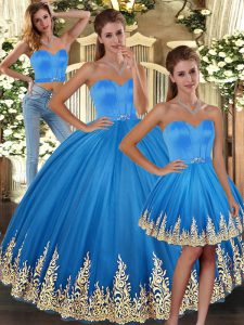 Baby Blue Sweetheart Neckline Embroidery Quince Ball Gowns Sleeveless Lace Up