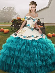 Teal Organza Lace Up Off The Shoulder Sleeveless Floor Length Sweet 16 Dresses Embroidery and Ruffled Layers