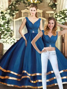 Luxury V-neck Sleeveless Backless Sweet 16 Dress Navy Blue Tulle
