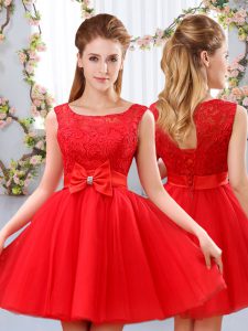 Custom Design A-line Court Dresses for Sweet 16 Red Scoop Tulle Sleeveless Mini Length Lace Up