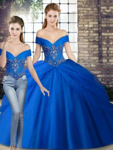 Royal Blue Sleeveless Brush Train Beading and Pick Ups 15 Quinceanera Dress