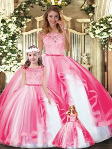 Stylish Hot Pink Tulle Clasp Handle Scoop Sleeveless Floor Length Quinceanera Gowns Lace and Ruffles