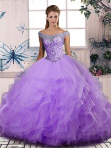 Delicate Tulle Sleeveless Floor Length 15th Birthday Dress and Beading and Ruffles