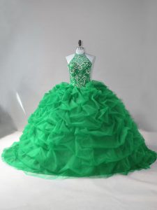 Exquisite Green Ball Gowns Halter Top Sleeveless Tulle Court Train Lace Up Beading and Pick Ups 15th Birthday Dress