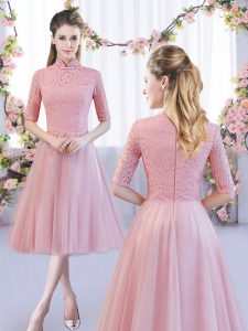 Pink High-neck Neckline Lace Quinceanera Dama Dress Half Sleeves Zipper