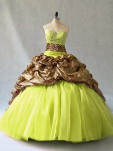 Affordable Organza and Printed V-neck Sleeveless Brush Train Lace Up Beading Sweet 16 Quinceanera Dress in Yellow Green