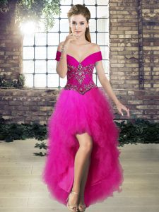 Fuchsia A-line Beading and Ruffles Prom Dresses Lace Up Tulle Sleeveless High Low