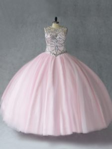 Scoop Sleeveless Sweet 16 Quinceanera Dress Floor Length Beading Baby Pink Tulle