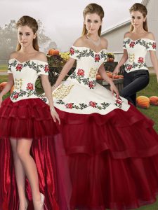 Superior Wine Red Lace Up Sweet 16 Quinceanera Dress Embroidery and Ruffled Layers Sleeveless Brush Train