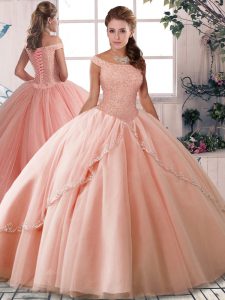 Off The Shoulder Sleeveless Brush Train Lace Up Quinceanera Gowns Peach Tulle