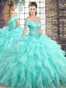 Aqua Blue Ball Gowns Organza Off The Shoulder Sleeveless Beading and Ruffles Lace Up 15th Birthday Dress Brush Train