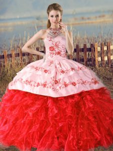 Modest Red Ball Gowns Embroidery and Ruffles Quinceanera Dresses Lace Up Organza Sleeveless Floor Length