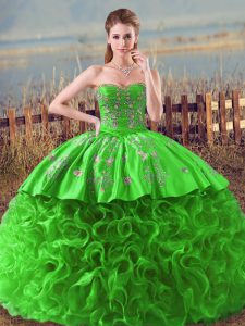 Captivating Ball Gowns Sweetheart Sleeveless Fabric With Rolling Flowers Lace Up Embroidery and Ruffles Quince Ball Gowns