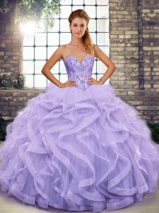 Customized Lavender Sleeveless Floor Length Beading and Ruffles Lace Up Ball Gown Prom Dress