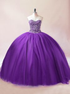 Purple Lace Up Sweet 16 Quinceanera Dress Beading Sleeveless Floor Length