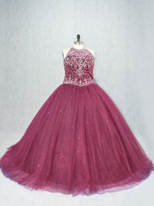 Scoop Sleeveless Brush Train Lace Up Sweet 16 Dress Burgundy Tulle