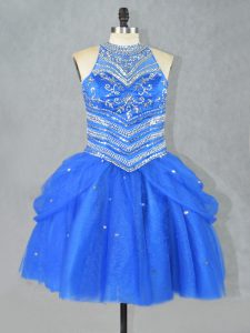 Beauteous Blue Lace Up Halter Top Beading Prom Party Dress Tulle Sleeveless
