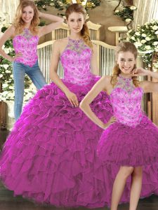 Low Price Fuchsia Halter Top Lace Up Beading and Ruffles 15th Birthday Dress Sleeveless
