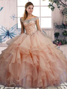 Elegant Floor Length Pink Quinceanera Gown Organza Sleeveless Beading and Ruffles