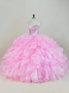 Sleeveless Organza Floor Length Lace Up Quinceanera Gowns in Baby Pink with Beading and Ruffles