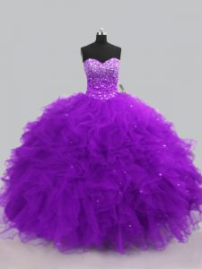 Affordable Purple Ball Gowns Beading and Ruffles Sweet 16 Dresses Lace Up Tulle Sleeveless Floor Length