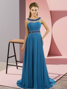 Clearance Blue Zipper Scoop Beading Prom Dress Chiffon Sleeveless Brush Train