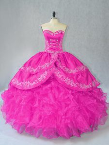 Organza Sweetheart Sleeveless Lace Up Embroidery and Ruffles Quinceanera Gown in Fuchsia