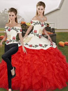 White And Red Two Pieces Off The Shoulder Sleeveless Organza Floor Length Lace Up Embroidery and Ruffles Quinceanera Dress