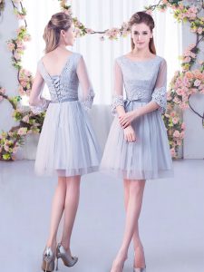 Grey Half Sleeves Lace Mini Length Quinceanera Court Dresses