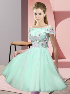 Beauteous Apple Green Lace Up Off The Shoulder Appliques Dama Dress for Quinceanera Tulle Short Sleeves