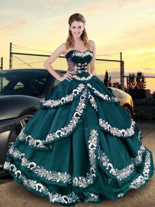 Teal Satin Lace Up Sweet 16 Dresses Sleeveless Floor Length Embroidery and Ruffled Layers