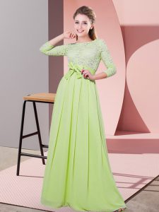 Latest Yellow Green 3 4 Length Sleeve Floor Length Lace and Belt Side Zipper Damas Dress
