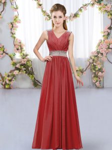 Charming Wine Red Empire Chiffon V-neck Sleeveless Beading and Belt Floor Length Lace Up Court Dresses for Sweet 16