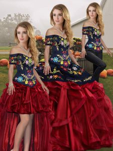 Excellent Red And Black Off The Shoulder Neckline Embroidery and Ruffles Sweet 16 Quinceanera Dress Sleeveless Lace Up